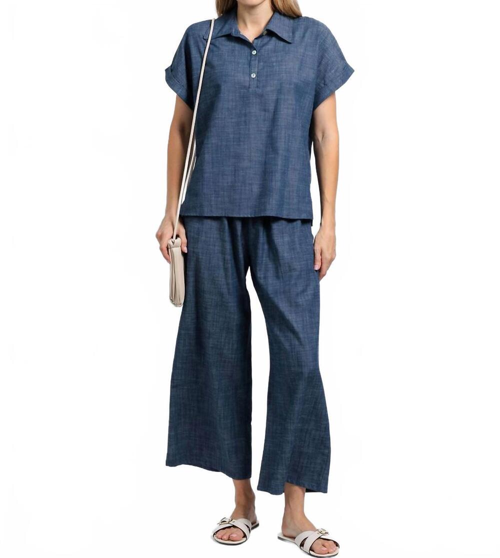 NEW NALLY & MILLIE ariel short cuffed sleeves polo in chambray